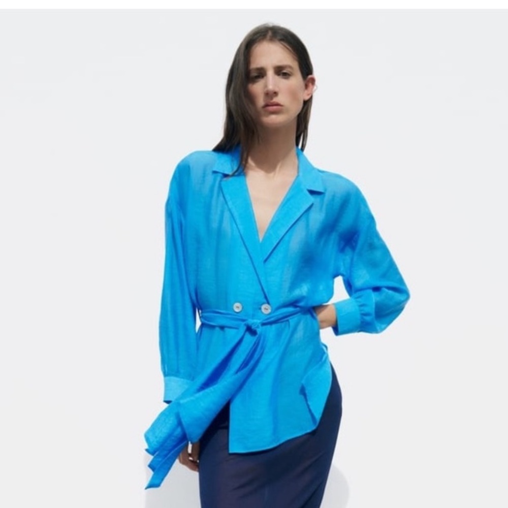 Zara Women's Blue Belted Wrap Shirt